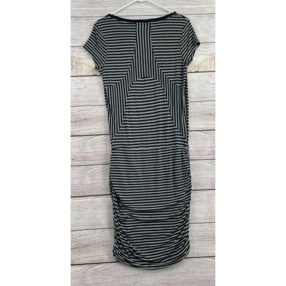 Athleta Topanga V-Neck Striped Ruched Side‎ Shirt Dress Women's Small Gray/Black - Picture 2 of 7